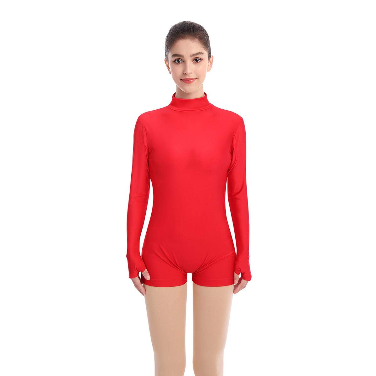 Ibakom Women's Red Mock Neck Long Sleeve Lycra Spandex Leotard Bodysuit Gymnastic Yoga Ballet Dance Costume 3XL