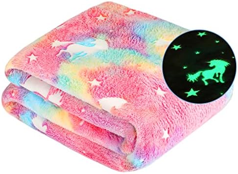 Glow in The Dark Blanket Unicorn Gifts for Kids Girls Birthday Christmas Light Up Rainbow Unicorn Toy Bedroom Bed Decor Soft Cozy Fluffy Plush Premium Glowing Throw Warm Fun for Teen Pink 50"x60"