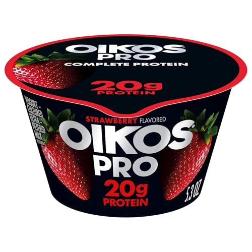 Oikos Pro Strawberry Yogurt-Cultured Ultra-Filtered Milk Product, 20 Grams of Protein, 0g Added Sugar, Just Delicious High Protein Snacks, 5.3 OZ Cup