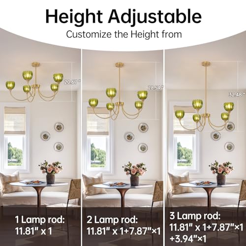 Image of Shenmoyl 30.31 inch Brass Gold 5-Light Chandelier, 5-Arm Green Tulip Glass Pendant Light Fixture, Height Adjustable Vintage Branch Chandelier for Dining Room Living Room Kitchen Island Farmhouse