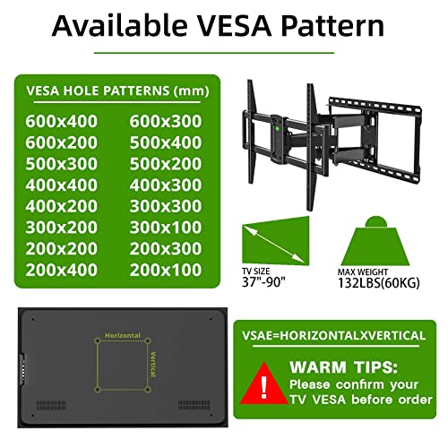 Usx Mount 37-90 Inch Full Motion Tv Wall Mount, Fits 24" Wood Studs, Wall Mount Tv Bracket With Smooth Swivel, Tilt, Extension, Holds Up To 132Lbs, Max Vesa 600X400Mm, Includes Wall Drilling Template #TOP3
