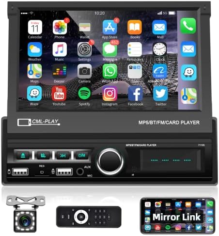 Podofo Single Din Touchscreen Car Stereo 7 Inch Motorized Flip Out Screen Car Radio in Dash Head Unit Support Bluetooth FM AUX USB SD Mirror Link with Backup Camera