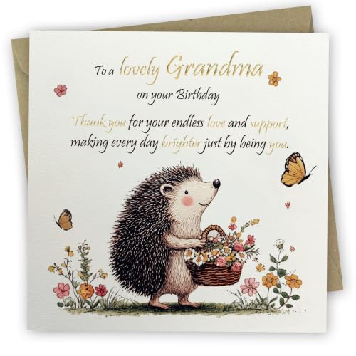 Birthday Card for Grandma. Hedgehog Design. Premiun card with gold foil. 150x150mm supplied with Envelope. Eco-friendly. Message inside. Made in Britain.
