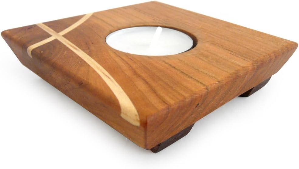 American Made Inlaid Cherry Wood Tea Light Candle Holder (Maple Inlay)