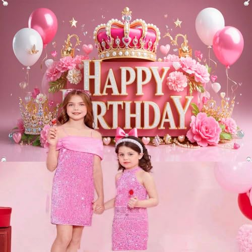 Image of Pink Happy Birthday Banner Backdrop for Wonen Girl | 71x43.3inch Pink Crown Theme Banner; Polyester Fabric; Reusable; Ideal Photo Decor for Girls & Women Birthday Parties
