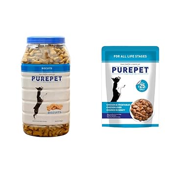 Purepet Milk Flavour, Real Chicken Biscuit,Dog Treats- Jar, 905g & Wet Dog Food, Chicken and Vegetable Chunks in Gravy, 24 Pouches (24 x 70g)