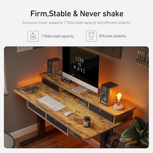 Image of FEZIBO 48'' x 24'' Electric Standing Desk with 4 Storage Drawers, Adjustable Height Computer Table with Monitor Shelf, Stand Up Desk for Study, Gaming, Workstation, Rustic Brown Top