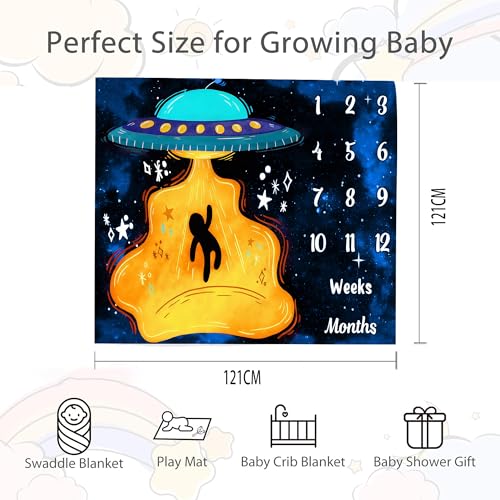 Image of UFO Baby Monthly Milestone Blanket, 48x48in Soft Flannel, Alien Round Spaceship, Newborn Mom Gifts, Baby Shower Age Growth Tracker with Bonus Maker (White Blue, 48x48in)