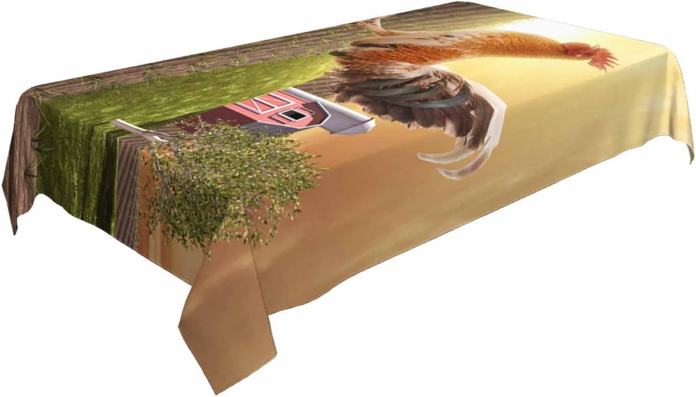 TKS MITLAN Rooster Decorative Rectangle Tablecloth Sunrise Rooster Hen Farm Fence Polyester Table Cloth Kitchen Cover for Dining BBQ Picnic Coffee Table 60 x 84 Inch 6-8 Seats
