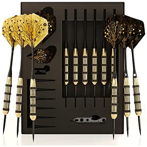 CC-Exquisite Premium Steel Tip Darts Set - Professional Darts, Brass Barrels, Metal Tip Darts, Extra Flights, (12) Aluminum Shafts 35/48, O-Rings, Dart Tool, Dart Sharpener, Darts Case Cover