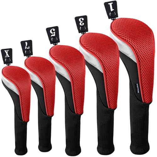 Andux 5pcs/Set Mesh Golf 460cc Driver Fairway Wood Club Head Covers Long Neck with No. Tags Black/Red