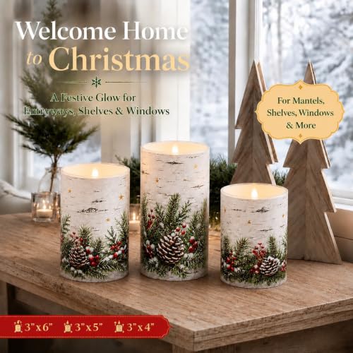 Image of Tujoe 3 Pcs Christmas Winter Birch Flameless Candle LED Pillar Candle