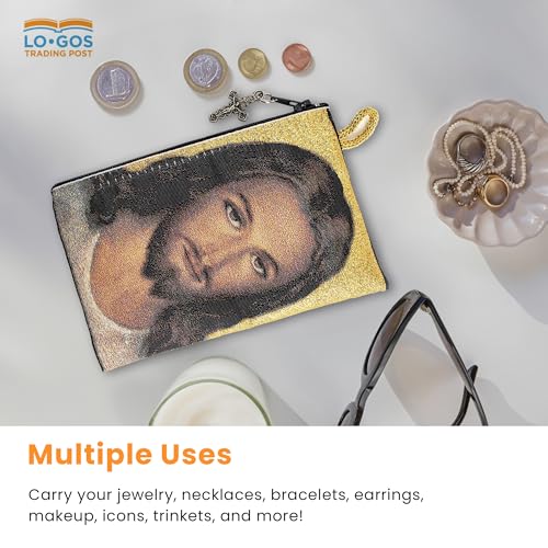 Image of Catholic Rosary Pouch, 4 inch x 6 inch Jewelry & Coin Purse with Cross, Small Woven Tapestry Icon Bag, Bolsa de Rosario Catolico para Joyeria, Virgin Mary and Baby Jesus & Face of Christ, 4 inch x 6 inch