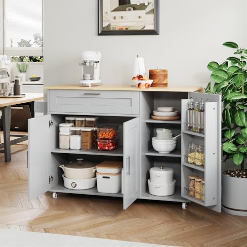 Goldicoo Carrito de cocina plegable, 132,5 x 44 x 90 cm, madera de roble, MDF, con cajón y estante para especias, 5 ruedas, color gris