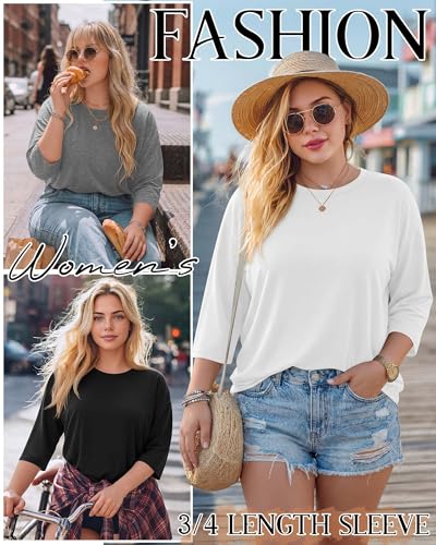 Image of Locoowai 3 Pack Women Plus Size Tops 3 /4 Sleeve Cotton Crew Neck Oversized T Shirts Loose Fit Tee Tunic Casual Blouse