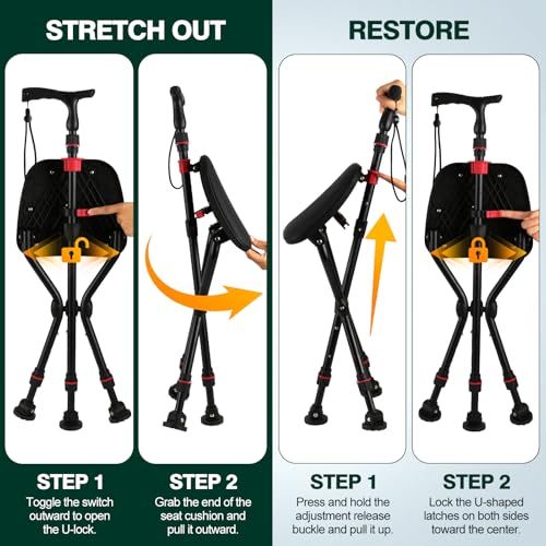 Image of Walking Cane with Seat Holding 400 lbs - Heavy-Duty Folding Cane Chair with Upgraded Detachable 3 Legs, ABC Markings, Adjustable 19 inch-22 inch Seat Height, Large Comfort Seat for Seniors