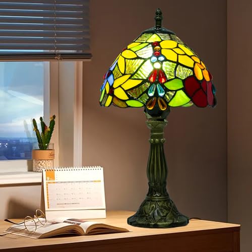 Ppbmocw Small Tiffany Lamp, 8 Inch Tiffany Lights Table Lamps for Bedside, Living Room, with 3 Color Temperatures Dimmable E27 Led (Flower Bead)