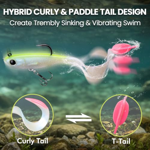 Image of TRUSCEND Duramax TPE Soft Fishing Lures with BKK Hooks, Easy Catch Curly & T-Tail for Trembly Sinking & Vibrating Swim, UV or Glow Effect for All Conditions, Pre-rigged Swimbait for Bass Trout Crappie