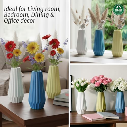 Image of TrustBasket Serene Flower Vase Blue White Yellow Set of 3 Decorative Plastic Table Accent for Living Room, Bedroom & Dining Table, Modern Home Decor Display for Fresh or Artificial Floral Arrangements