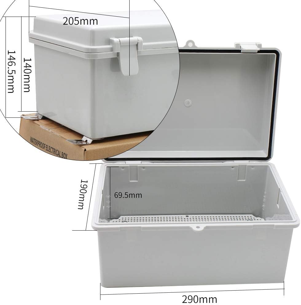 MAKERELE Waterproof Electronic DIY Projects Cable Enclosure Outdoor With Wall Bracket 11.4"7.5"5.5" (290190140mm) IP65 Outside ABS Plastic Electrical Box With 2 NPT 1/2” Glands