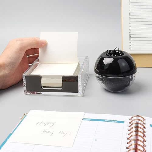 Miniatura 3 de Dispensador de bloc de notas adhesivo negro con 100 clips de papel, soporte de notas acrílico transparente y soporte magnético para clips de papel,