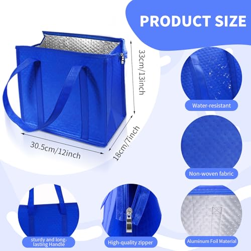 12 Pcs Insulated Bags Large Reusable Shopping Thermal Cooler Tote Bags for Grocery Food Delivery with Zippered Top for Hot or Cold Storage (Blue,Black)