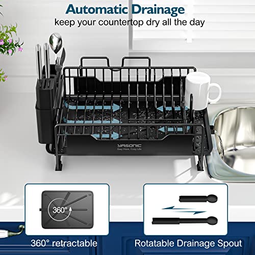 Yasonic Dish Drying Rack With Drainboard - Small Stainless Steel Dish Drainer With Swivel Spout - Dish Racks For Kitchen Counter- Rustproof Dish Rack With Removable Utensil Holder - Black #TOP3