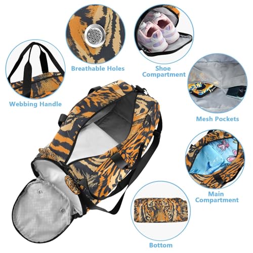 Travel Duffle Bag for Kids Boys Girls Tiger Head Forest Animal Sports Bag Overnighter Duffle Sleepover Weekender with Shoes Compartment3