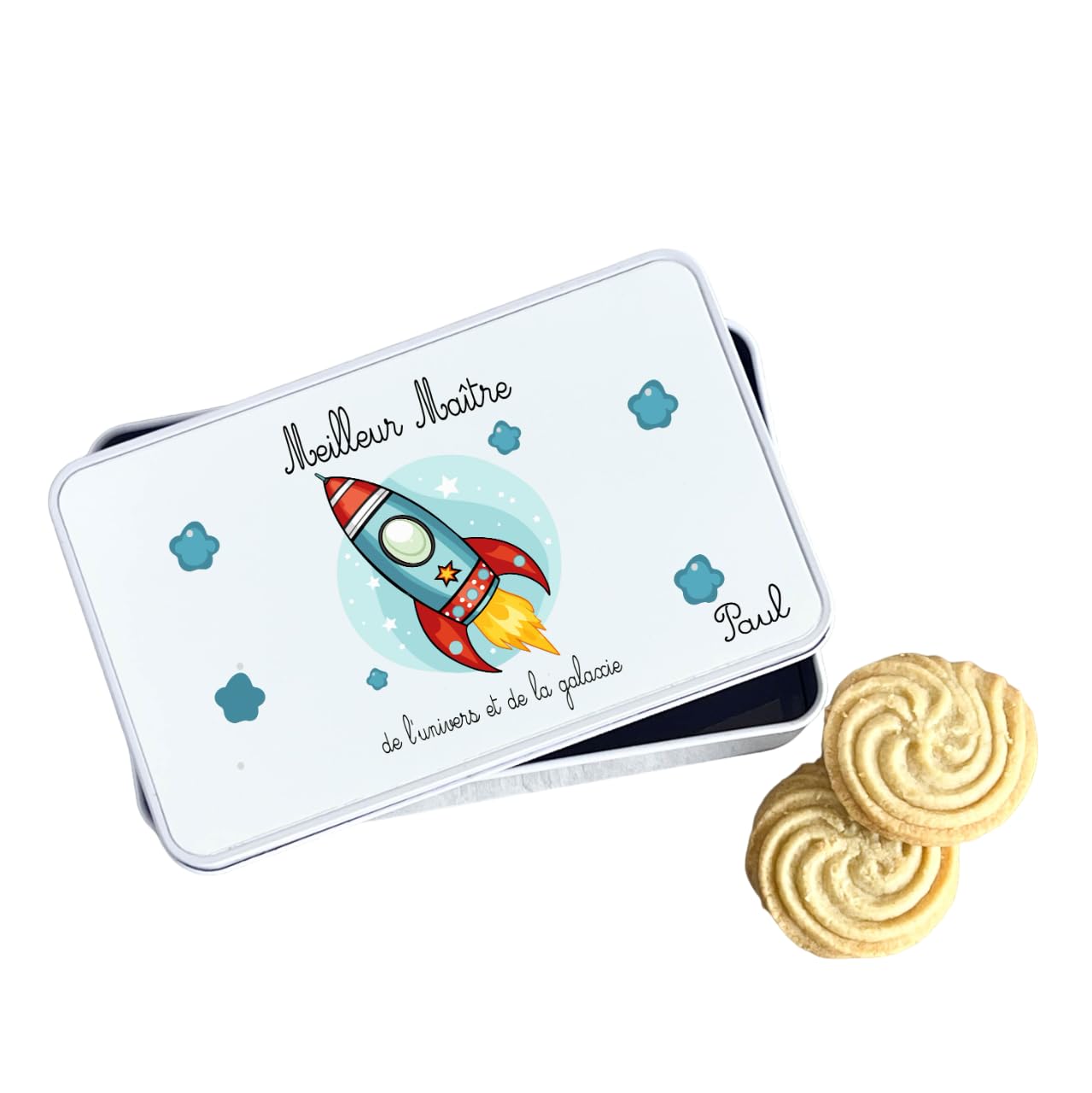 Boîte à Biscuits Meilleur Maître de l’Univers et de la Galaxie – Personnalisée avec Prénom Enfant – Aluminium 18x10 cm – Cadeau Fin d’Année Scolaire