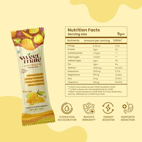 Image of Sugar Free Mango Electrolyte Drink Mix Sweetened With Stevia -5g (20 Sachet) No Preservatives and Chemicals | Offers 10x more Electrolyte | Keto Friendly Vegan