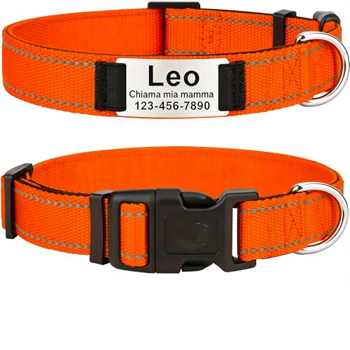 MENKËLL - Collare personalizzato per cani, gatti regolabile e riflettente, in nylon resistente, con incisione laser targhetta in metallo, nome, indirizzo, varie misure (ARANCIONE, M: 42-55cm)