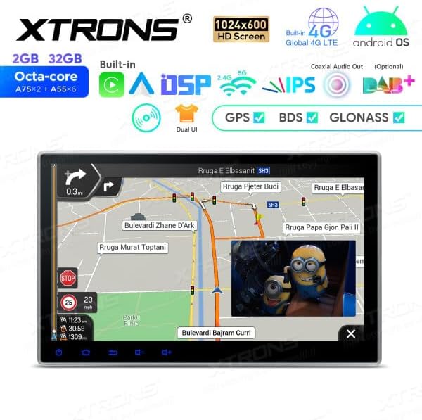 GPS navigation interface on the XTRONS TIE124 showing a map with route information.