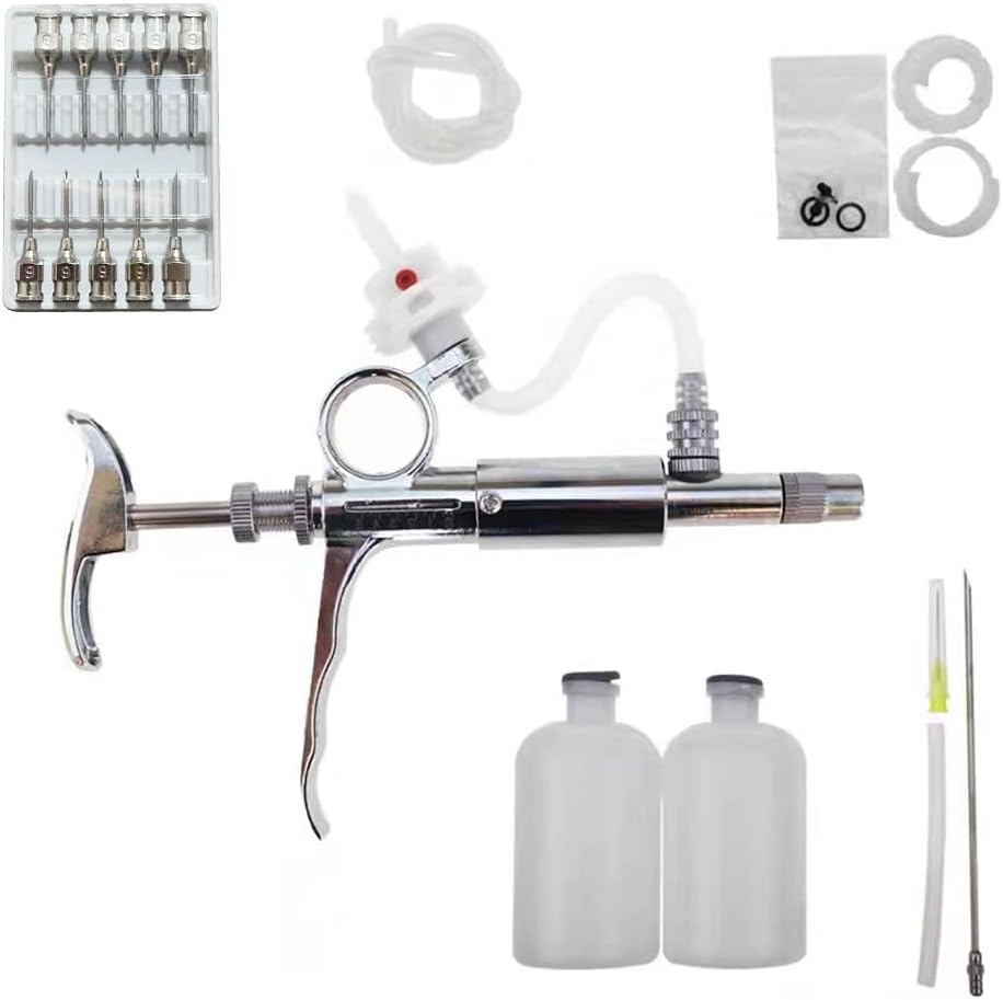 5ML Livestock Syringe Injection,Adjustable Continuous Injection Gun Semi-Automatic Syringe with 10 Needles for Horses, Cattle, Pigs, Sheep