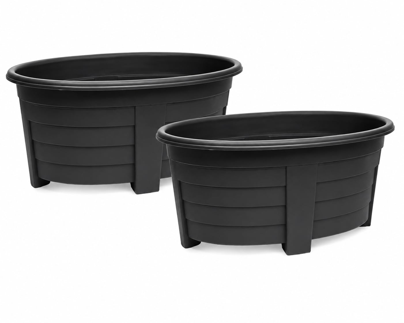 OptiProducts Extra Large 55cm Oval Garden Planter Plastic Trough Plant Pot Raised Outdoor Flower Planter with Drainage for Flowers, Herbs, Vegetables, Patio, Balcony & Garden (Black, 2) — image 1