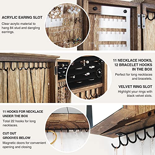 J Jackcube Design Rustic Wall Mounted Jewelry Organizer, Wood Hanging Jewelry Holder Cabinet With Acrylic Mirror For Necklaces Earrings Bracelets Rings Wooden Barndoor Decor - Mk606A #TOP3