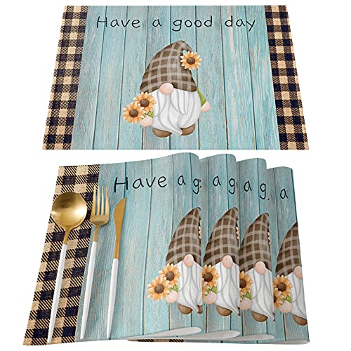 Anoreya 4 Pieces Cartoon Gnome Placemat 13X19 Inch, Rectangle Cotton Linen Heat-Proof Table Mats, Perfect For Parties Holiday Everyday Use, Sunflower Brown Plaid Blue Wood Grain #TOP26