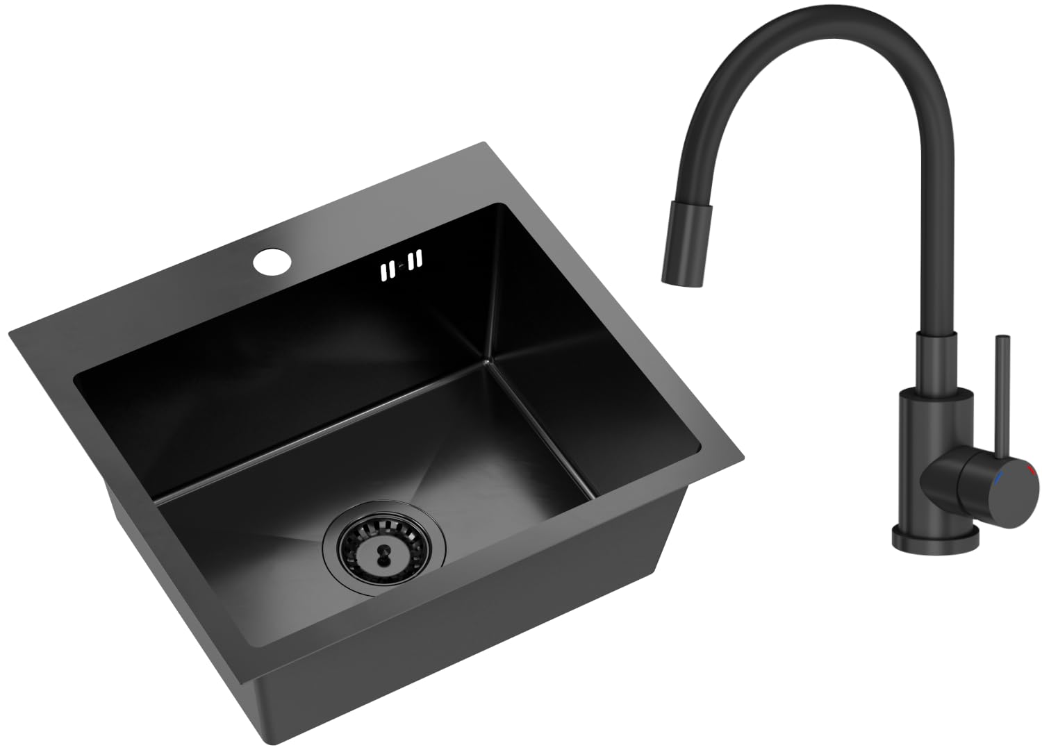 VBChome Fregadero de acero inoxidable con grifo, 50 x 45 cm, color negro, acero inoxidable, con orificio para grifo, fregadero grande, desagüe de acero inoxidable, color negro mate con caño flexible
