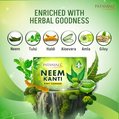 Image of Patanjali Neem Kanti Herbal Body Cleanser Soap for Men and Women (150g, Pack of 8), Moisturizing & Deep Cleansing, Natural Neem Soap for Dry Skin
