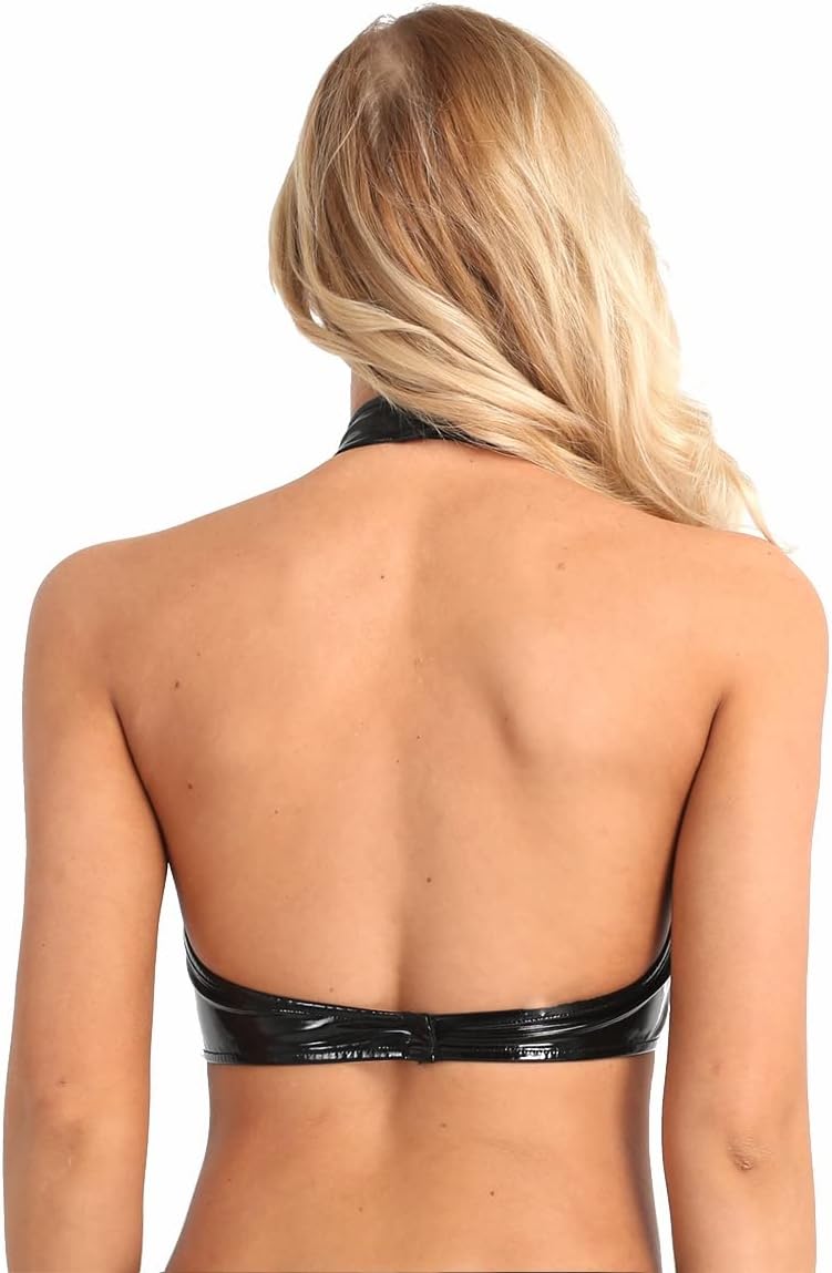 Agoky Womens Wet Look Patent Leather Bra Top Open Nipples Hole Design Lingerie Crop Top