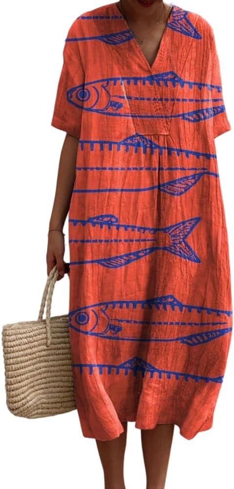Women summer V neck boho print maxi dress vacation casual
