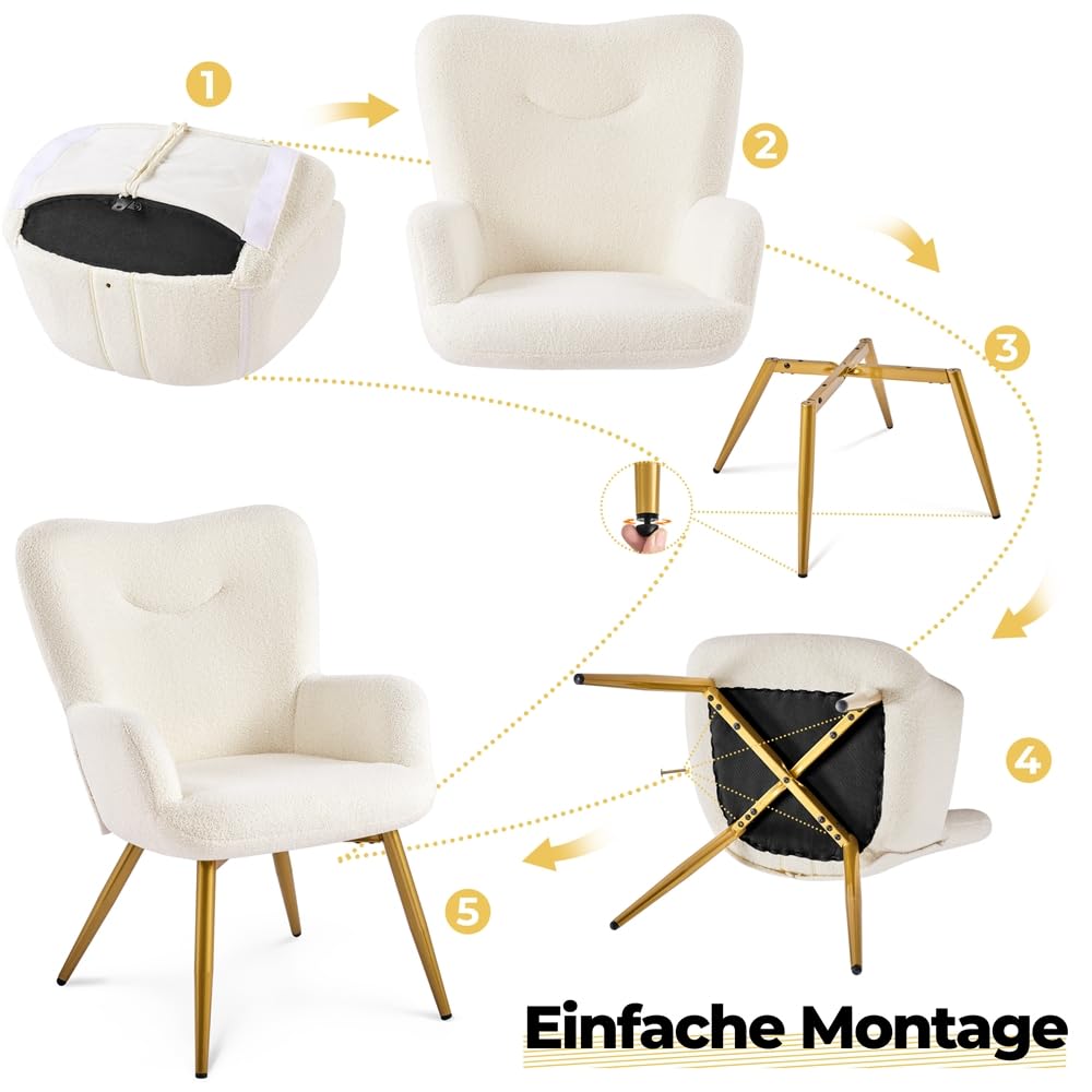 Yaheetech Sessel Ohrensessel mit Hocker aus Boucle-Gewebe, Relaxsessel mit Fußstütze, Loungesessel mit Klappbarer Rückenlehne, Fernsehsessel für Wohnzimmer/Schlafzimmer Elfenbein