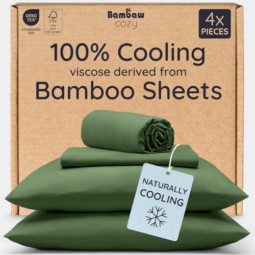 Bambaw 100% Viscose Derived from Bamboo Sheets Queen Size Set – 4pcs Cooling Sheet Set, Super Soft Sheets Queen Size, Luxury Bedding, Deep Pocket Fits Up to 16'' Mattresses (Olive)