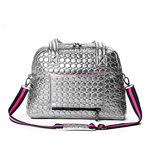 Flyte Adélie Bag | Gym & Travel Quilted Duffel | Silver & Pink (New Edition) #TOP2