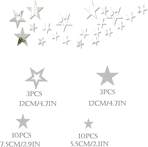 Miniatura 10 de 52 calcomanías de pared de espejo acrílico con estrellas, 2 tamaños, calcomanías de estrellas con adhesivo artístico, decoraciones de pared 3D para
