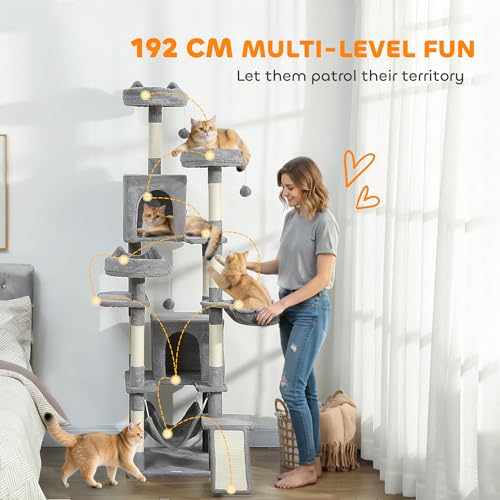 Pawhut Cat Tree, 192 Cm Large Multi-Level Cat Tower For Indoor Kittens With 8 Scratching Posts, 3 Plush Beds, 2 Hammocks, 2 Large Condos, Ramp, Pompoms, Light Grey - 3