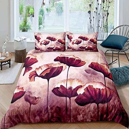 Coquelicot Housse de Couette L Violet Rouge Floral Décor Vintage Parure de lit Élégante Rustique Style Jardin Housse de Couette,Motif de Fleurs Aquarelle...