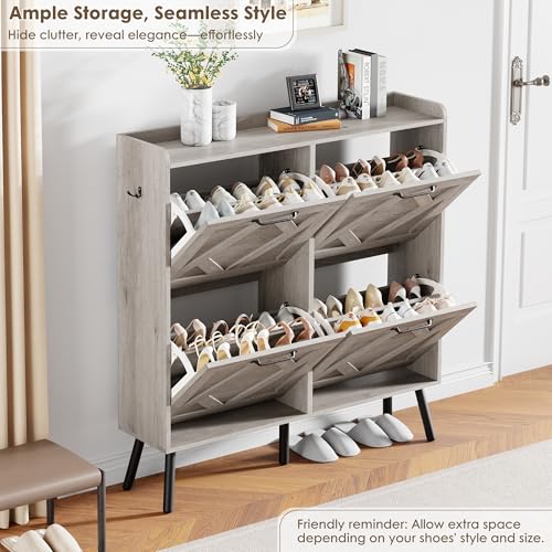 Image of Nicetree Shoe Cabinet with 4 Flip Drawers, Freestanding Shoe Organizer Cabinet, Farmhouse Narrow Shoe Storage Cabinet for Entryway, Foyer, Hallway