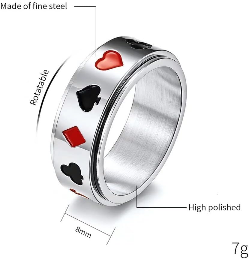 Meilord Poker Spinner Ring for Men Women Aces Spade Playing Cards Rotable Fidget Rings Relieve Stress Titanium Stainless Steel Rings Gold Silver Black