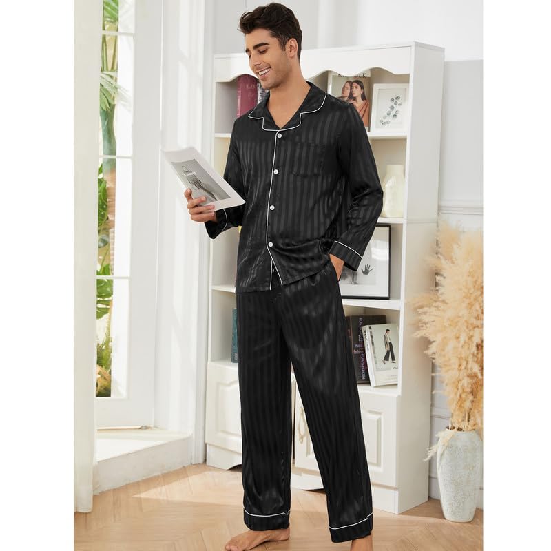 Image of U2SKIIN Silk Pajamas for Men, Long Sleeve Men Satin Pajamas Set Striped Button Down 2-Piece Pjs Set