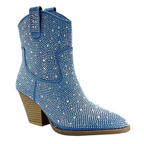 Image of ABSOLEX Women Western Cowgirl Cowboy Pointed Toe Rhinestone Ankle Booties